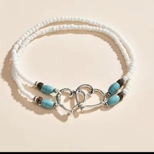 Ankle Bracelet Double Hearts Tiny Beads White With Turquoise Blue NWT
